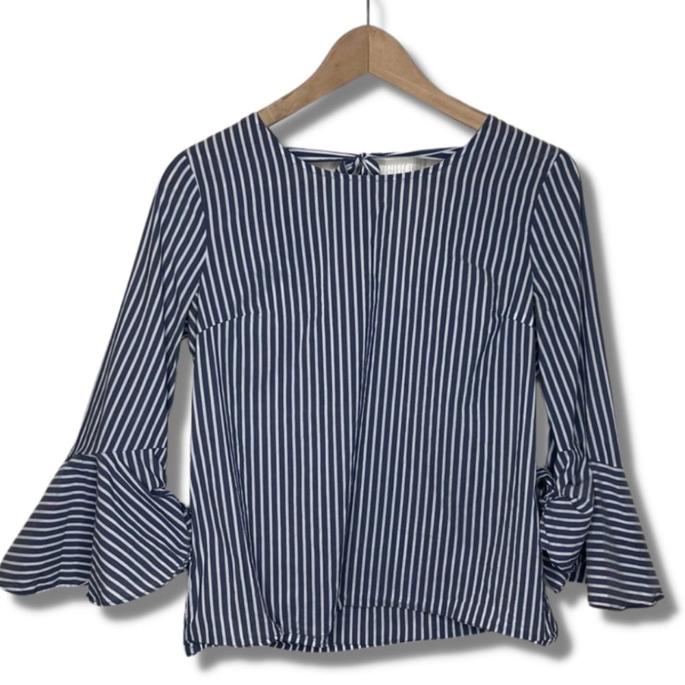 iZ Byer Womens Blue White Striped Bell Sleeve Boho Low Tie Back Shirt Top S